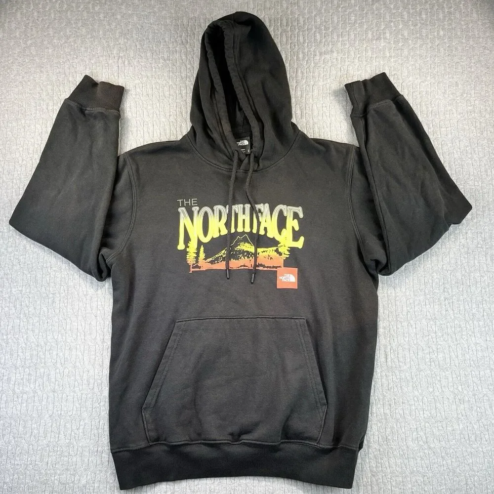 The North‎ Face Hoodie Mens Medium Black Graphic Mountain Landscape Pullover